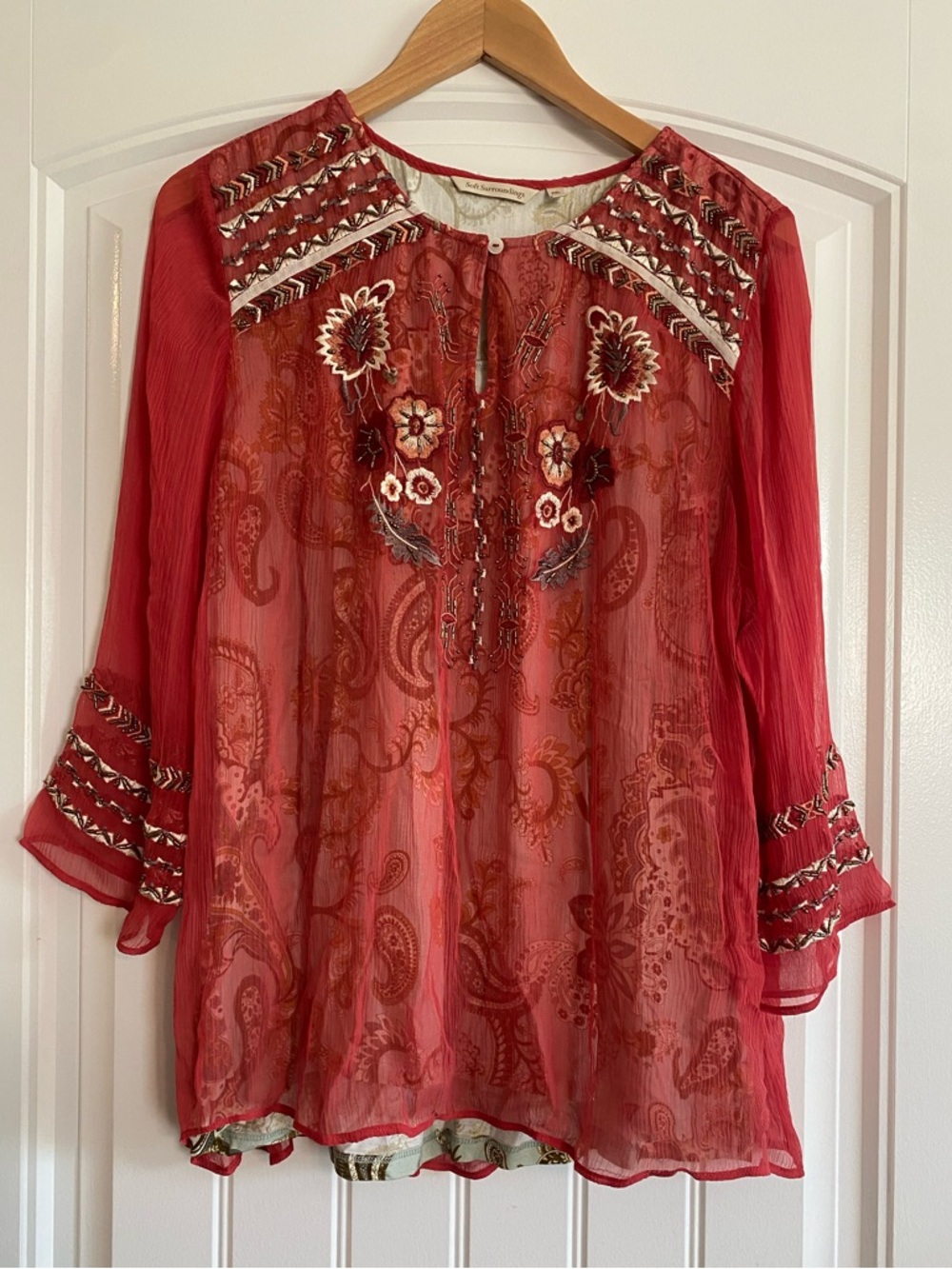 Soft Surroundings Coral Red Embroidered Sheer Tunic Top